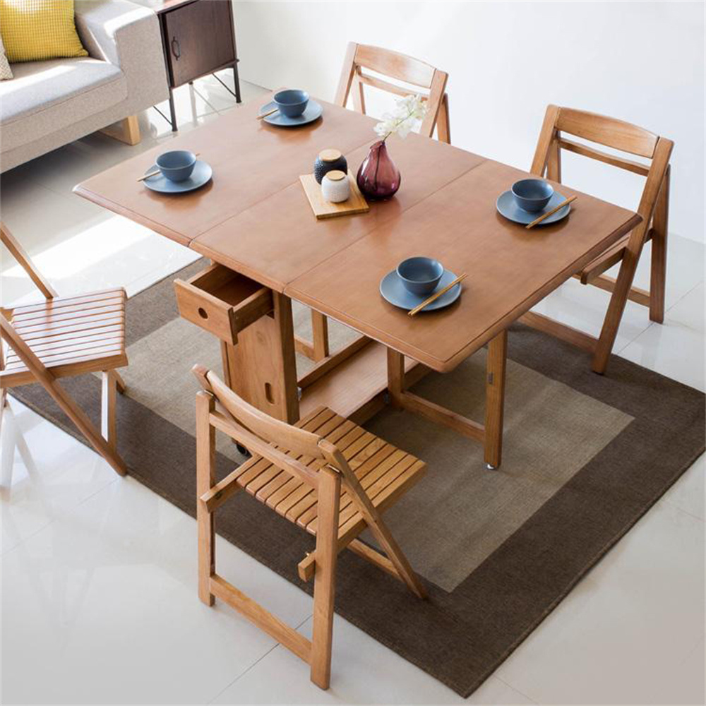 

57" Modern Solid Wood Folding 5 Piece Dining Table Set Drop Leaf with 4 Chairs