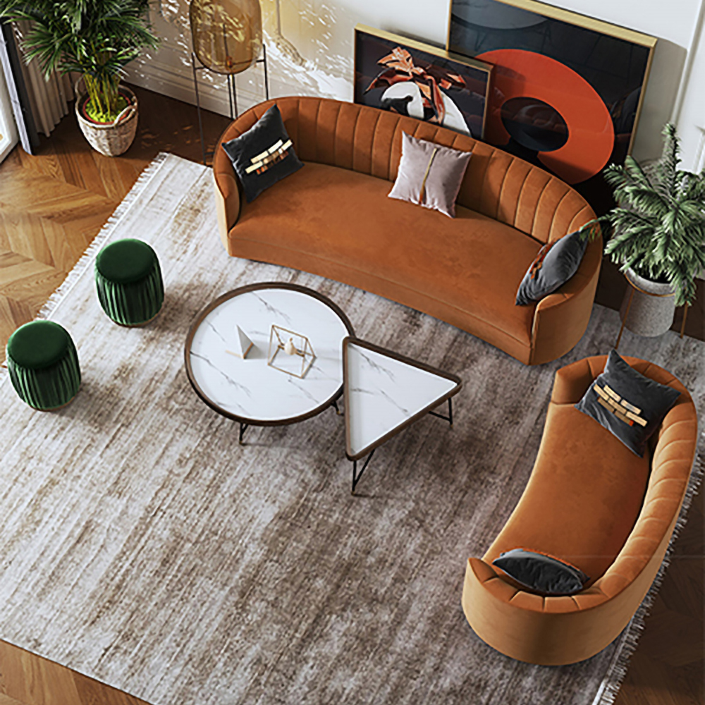 1800 mm modernes Samt-Couch gebogenes Sofa in Orange mit Edelstahlfuß