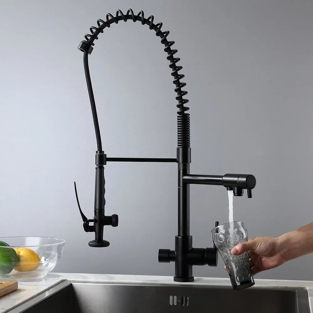 Modern Black Kitchen Mixer Tap with Sprayer Brass Pull Out Faucets Single Hole 3in1Homary