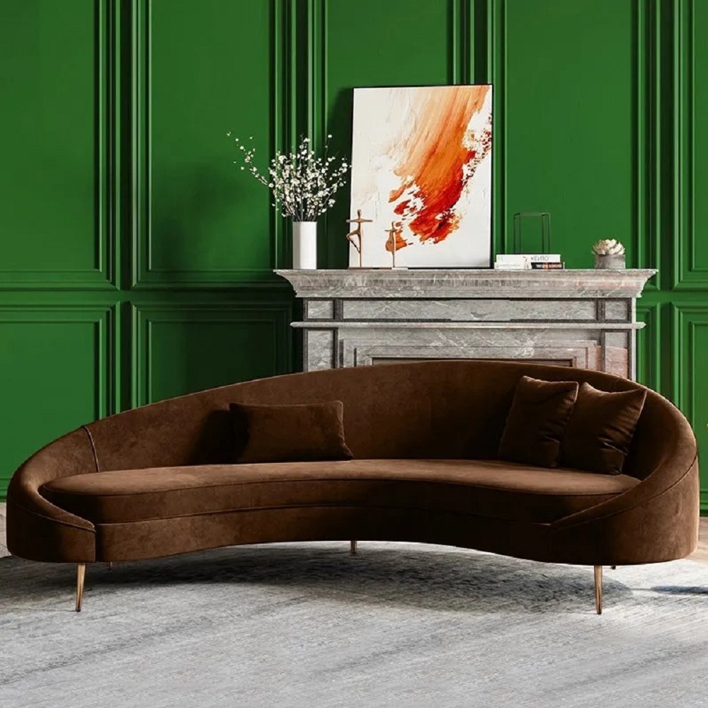 Modern 2400mm Brown Velvet Curved Sofa Gold Metal Legs with Toss Pillows