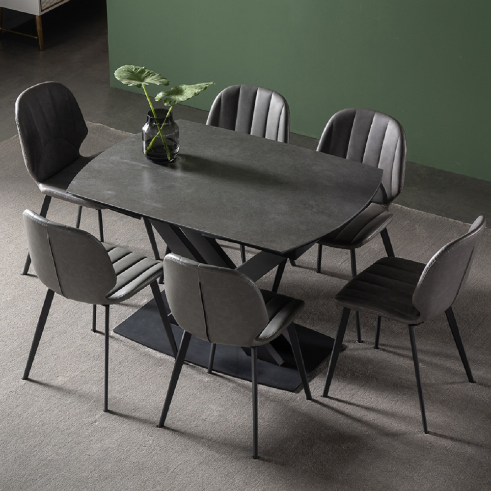 Table de salle à manger extensible moderne en pierre grise de 71 po avec feuille tombante et base à tréteaux pour 4-6 personnes