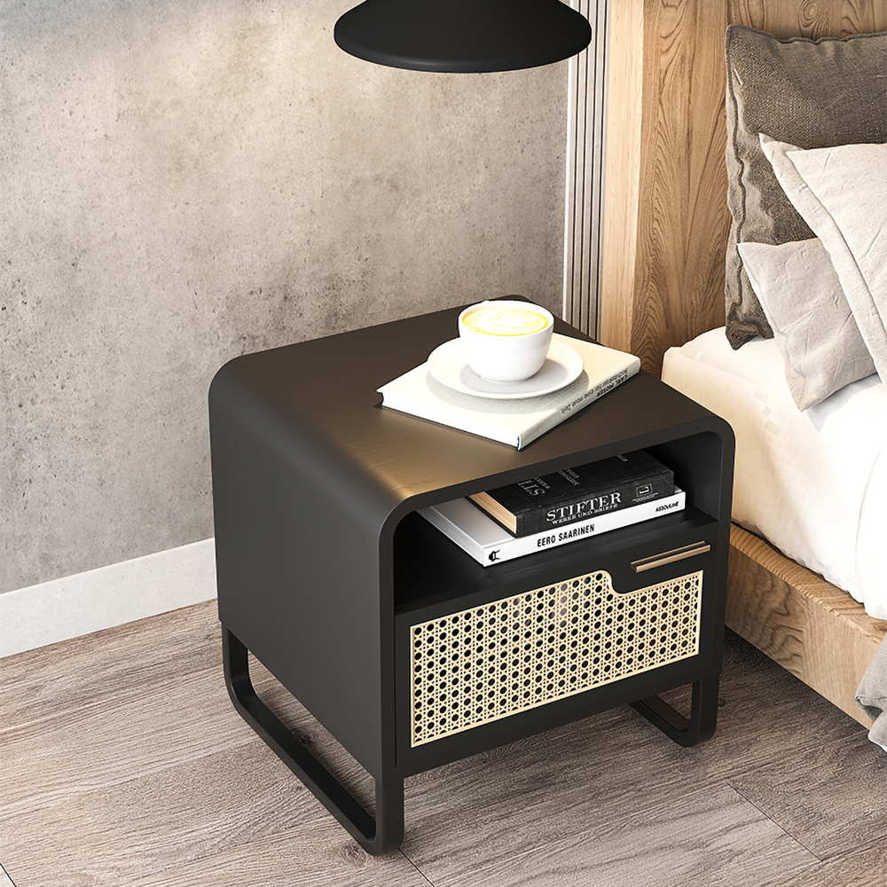 Minimalist Black Nightstand Rattan Woven Bedside Table with 1 Drawer