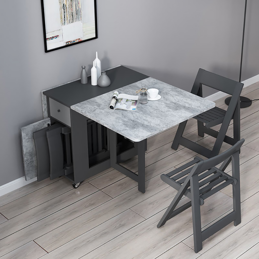 Gray and Black Extendable Dining Table with Wood Drop Leaf Folding for Mini Space