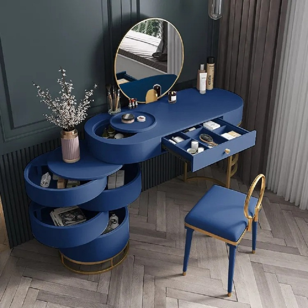 Image of Blue Makeup Vanity Set with Side Cabinet Extendable Dressing Table Mirror & Chair