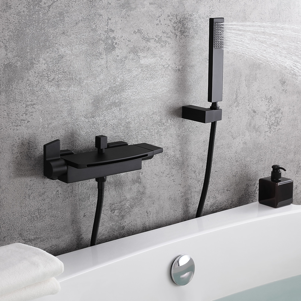KunMai Waterfall Spout Wall Mount Bath Filler Mixer Tap with Handshower in Matte Black Shower Mixer Tap Handheld Shower Included 