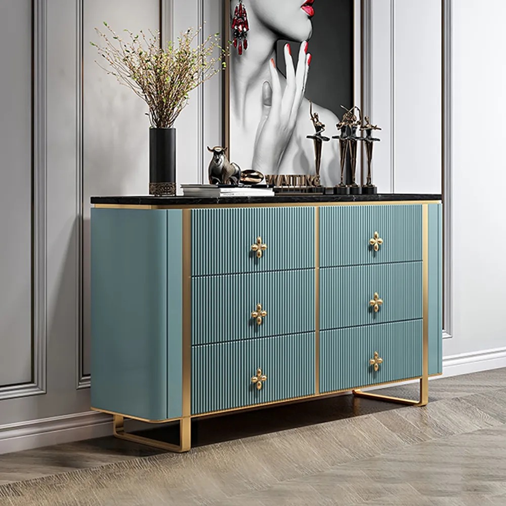 1200mm Modern Blue Dresser Faux Marble Top Cabinet with 6 Drawers in Gold