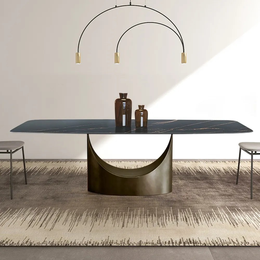 55" Rectangle Black Dining Table for 4 Person Stone Tabletop Antique Brass Pedestal