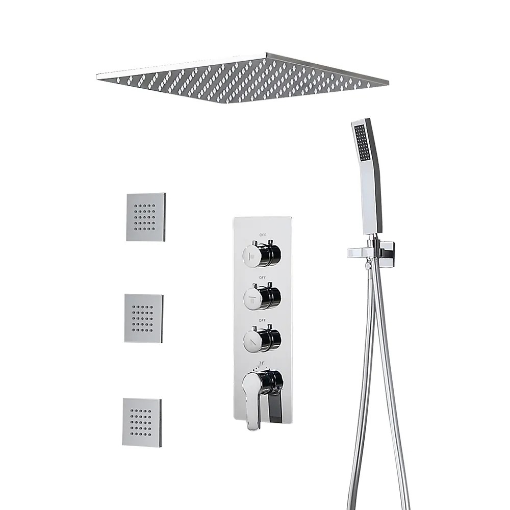 Modern 16" Chrome Rain Shower System with Handheld Shower & 3 Body Sprays