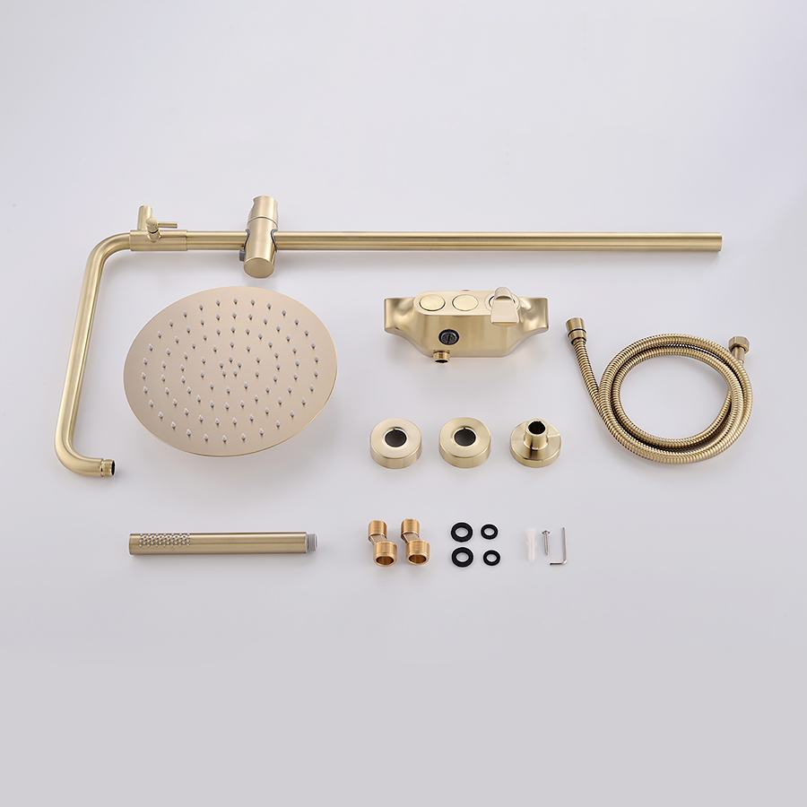 Brushed Gold Exposed Rainfall Shower Fixture with Handshower & Tub Filler Solid Brass