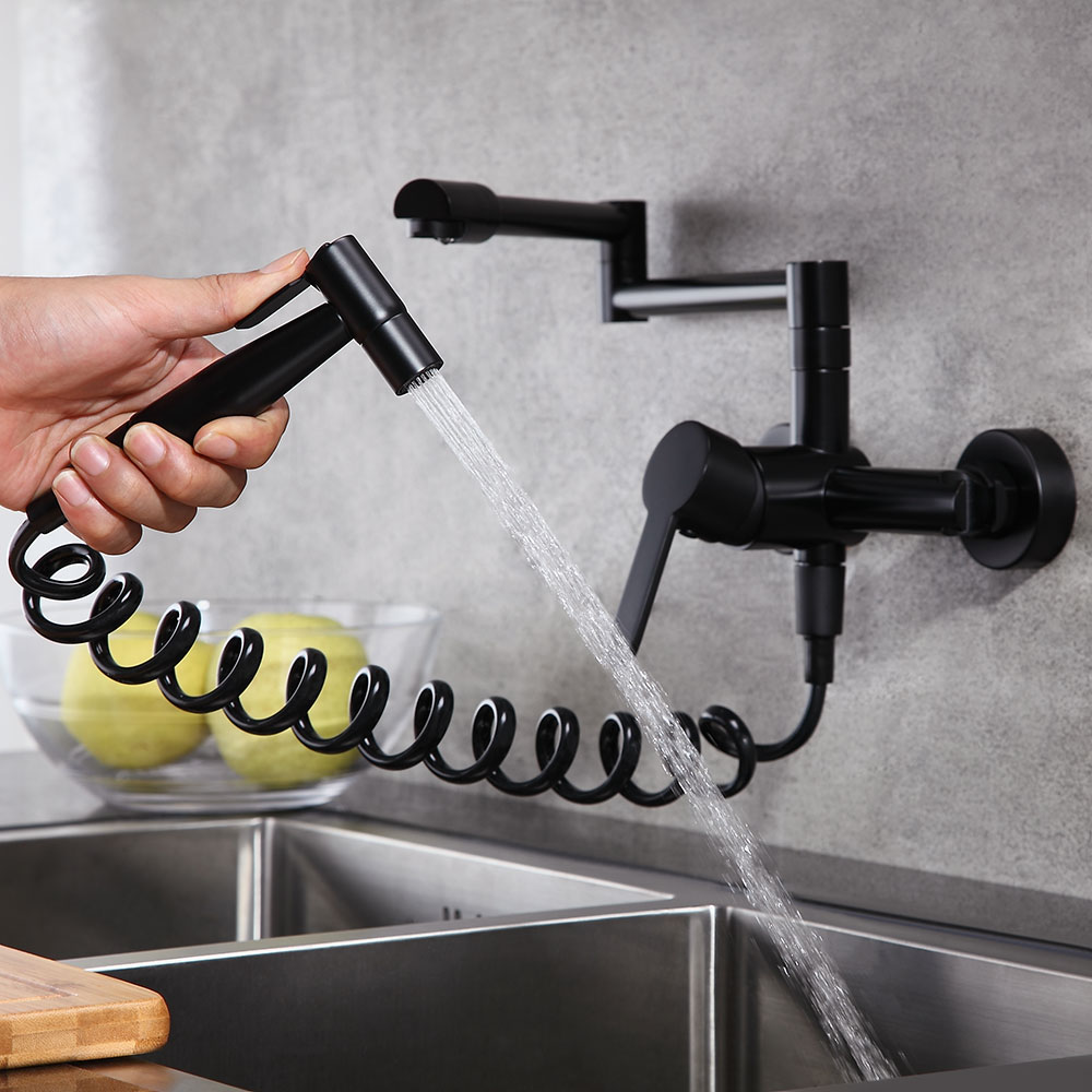 Modern Retractable Wall-mounted Pot Filler Matte Black Kitchen Faucet with Spray