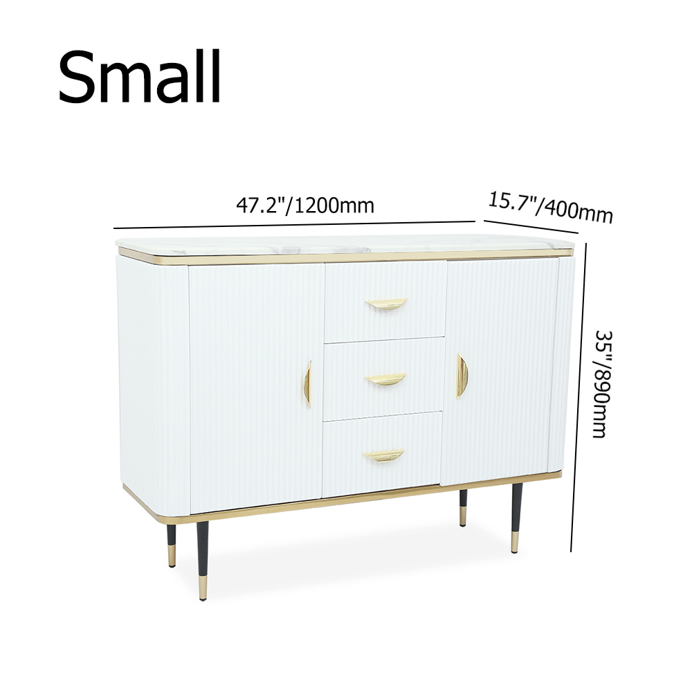 47" Modern White Sideboard with 3 Drawers & 2 Doors and Faux Marble Top in Small