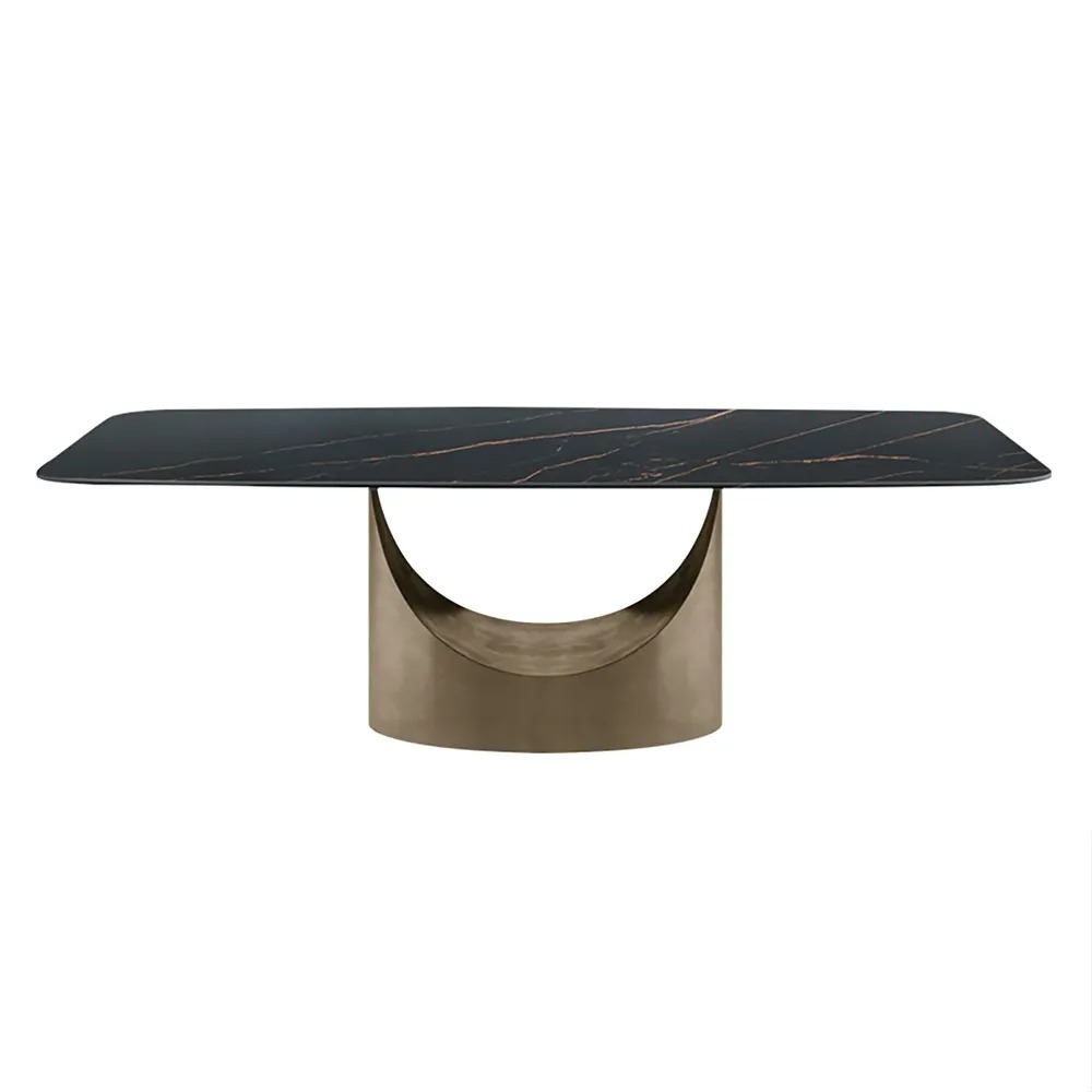 Modern Black Dining Table Villa Home Stone Top Antique Brass Pedestal 1800mm 8 Person