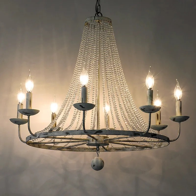 

Pena Rustic Candle-Shaped  Crystal Bead Strands Metal Wheel Chandelier