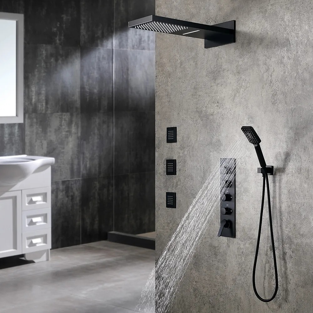 Wall Mounted Waterfall Rain Shower System with 3 Body Sprays in Matte Black Solid Brass
