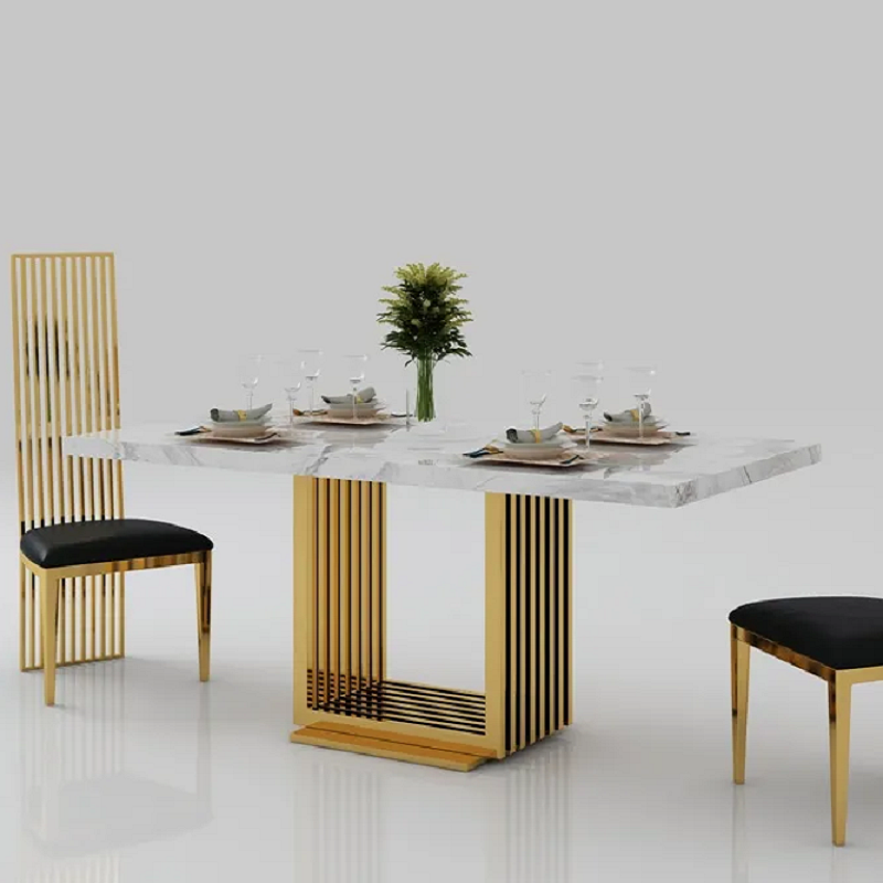 

Modern Elegant 63" Rectangular Faux Marble Accent Dining Table Stainless Steel Base in Gold