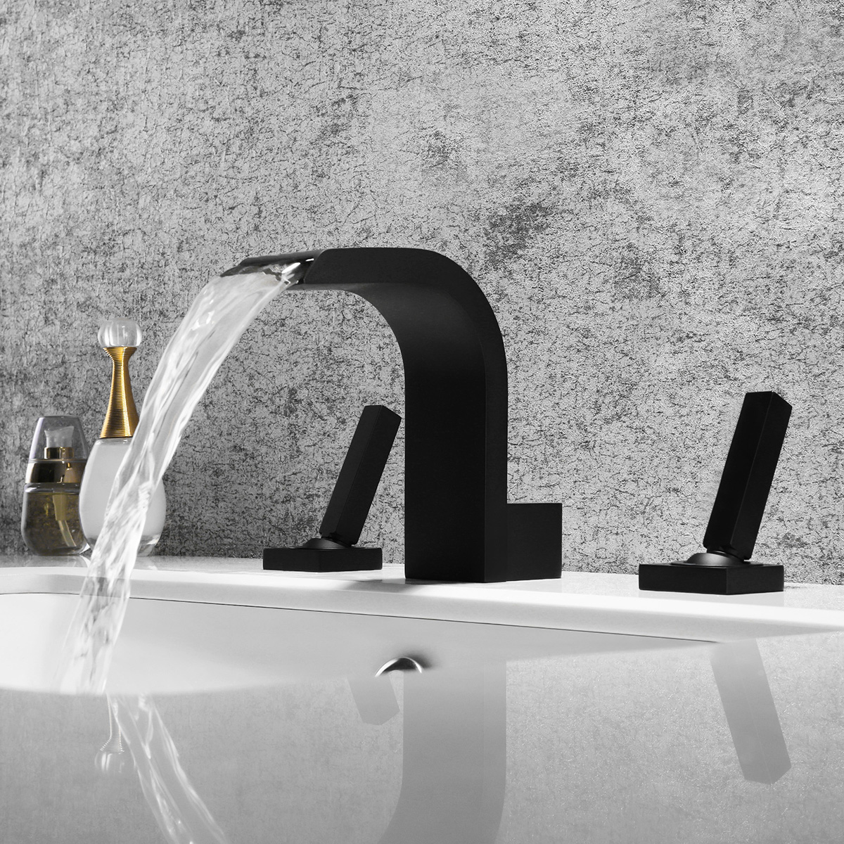 

Contemporary Widespread Waterfall Spout Deck Mounted Bathroom Sink Faucet Double Handle