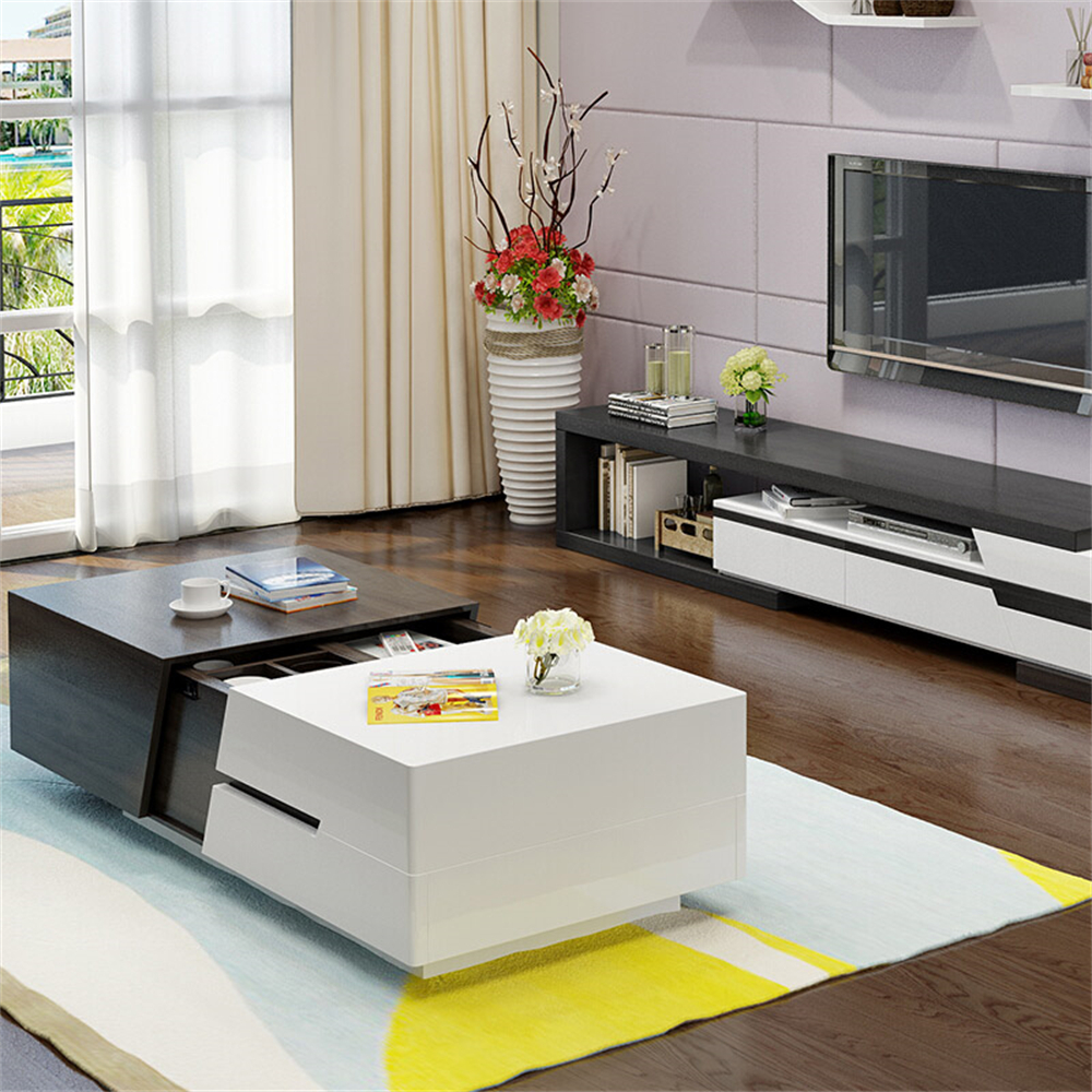 82" Modern Chic Extendable Coffee Table with Storage Sliding Top in White & Black