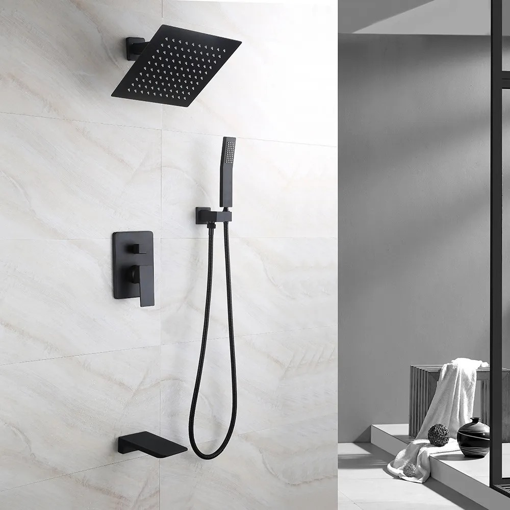 

Wall Mount 10" Rainshower Hand Shower & Tub Spout Shower System in Matte Black