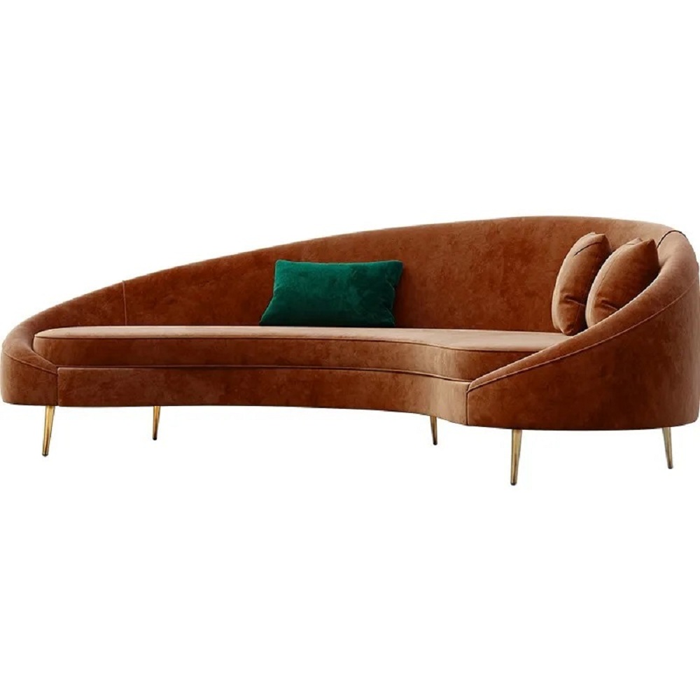 Modern 2100mm Bronze Velvet Curved Sofa 3-Seater Sofa Gold Metal Legs Toss Pillow Includ