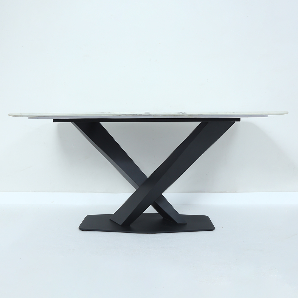 63" Modern Rectangular White Faux Marble Dining Table with Metal X-Base