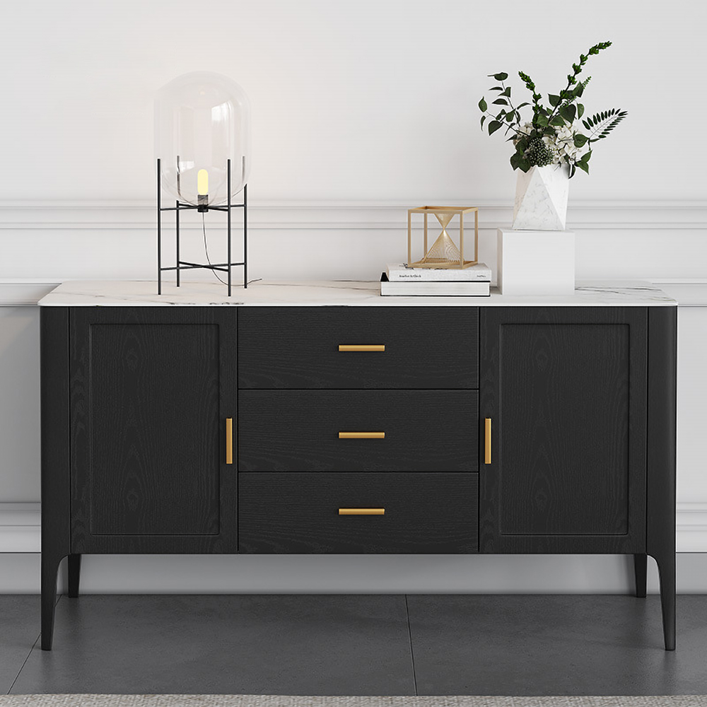 Image of Modern Black Stone Top Buffet Drawers & 2 Doors Kitchen Cabinet Gold Pull in Large