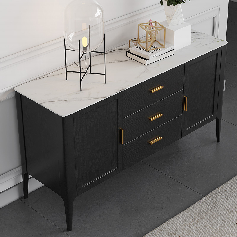 Modern Black Sideboard Buffet Sintered Stone Top Drawers&Doors Kitchen Cabinet Gold Pull