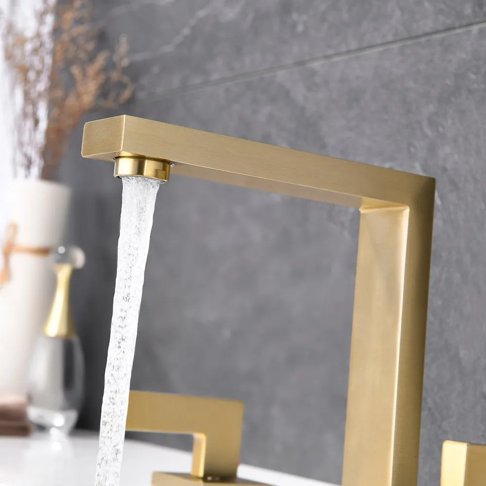 3 Holes Brushed Gold Bathroom Basin Tap Dual Handle Solid Brass
