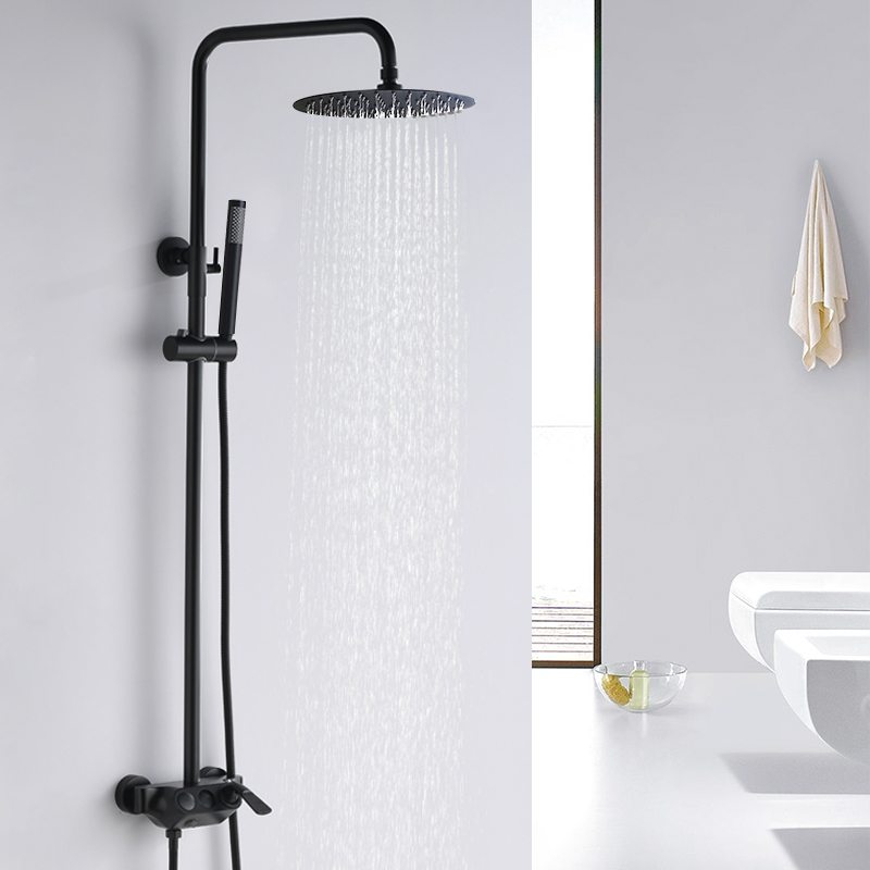 Matte Black 250mm Round Exposed Rainfall Shower Set with Handshower