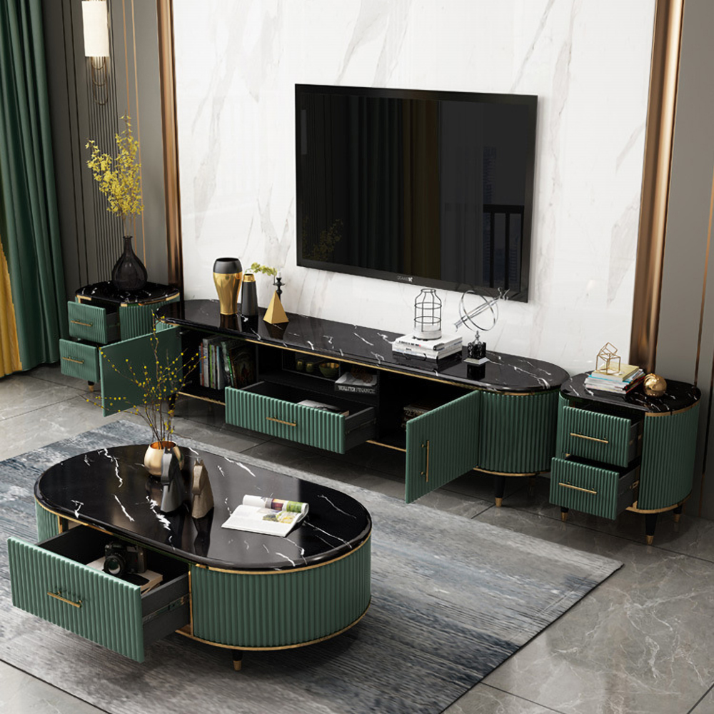 78,7 Zoll moderner ovaler TV-Ständer mit Kunstmarmorplatte, grüner Medienständer mit 2 Türen und 1 Schublade