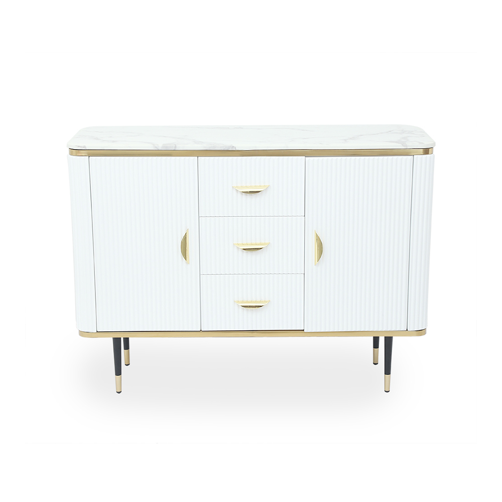 47" Modern White Sideboard with 3 Drawers & 2 Doors and Faux Marble Top in Small
