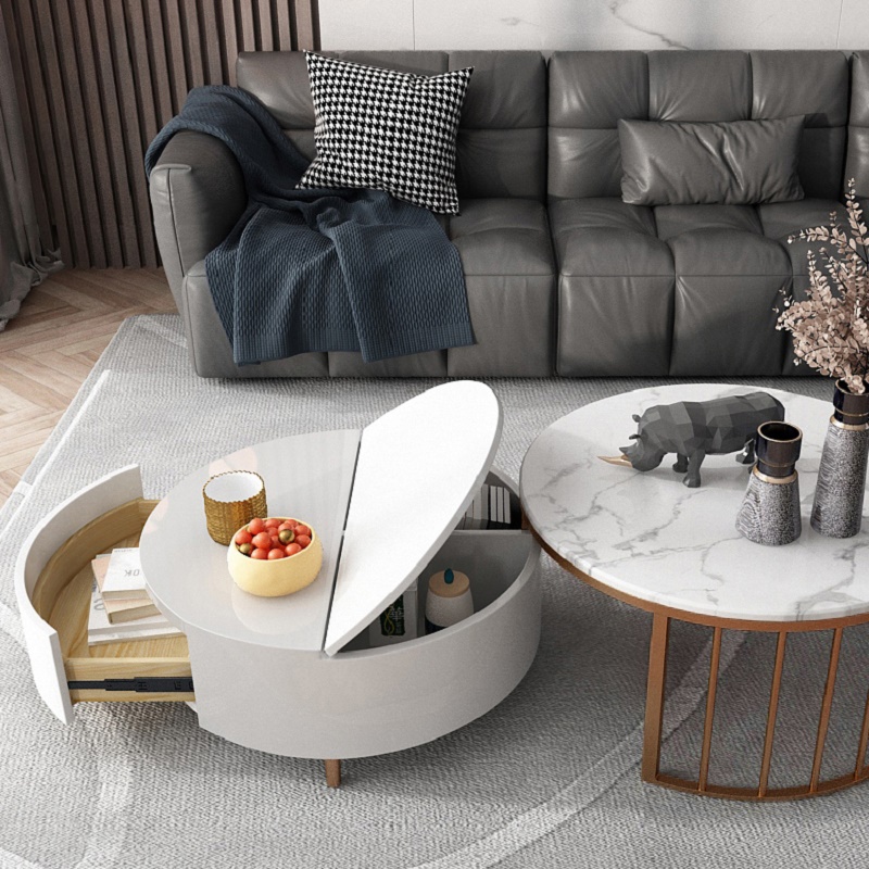 White Round Nesting Coffee Table with Storage Wood Rotating Top in Rose Gold Set of 2