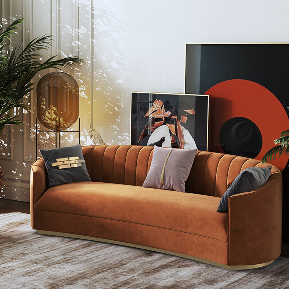2250mm Modern Velvet Couch Curved Sofa in Orange with Stainless Steel Base