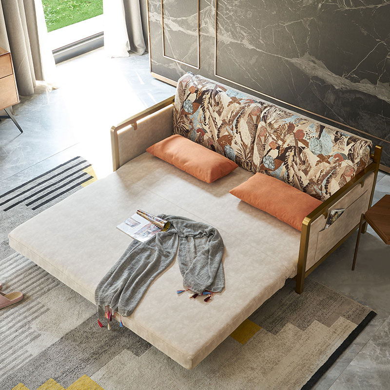 Modern Convertible Full Sleeper Gold Metal Beige Upholstered Sofa Bed