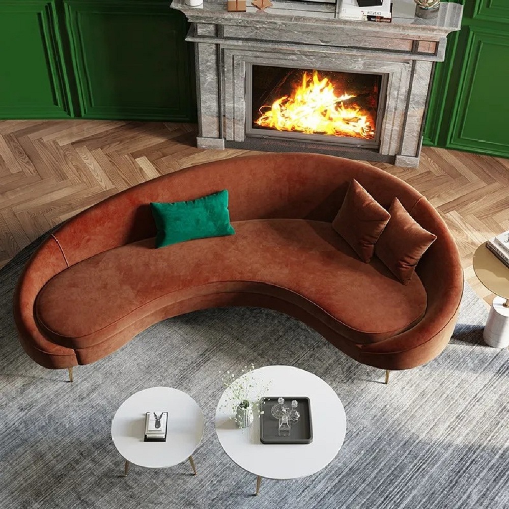 Canapé moderne courbé en velours bronze 2100 mm, 3 places, pieds en métal doré, oreiller inclus