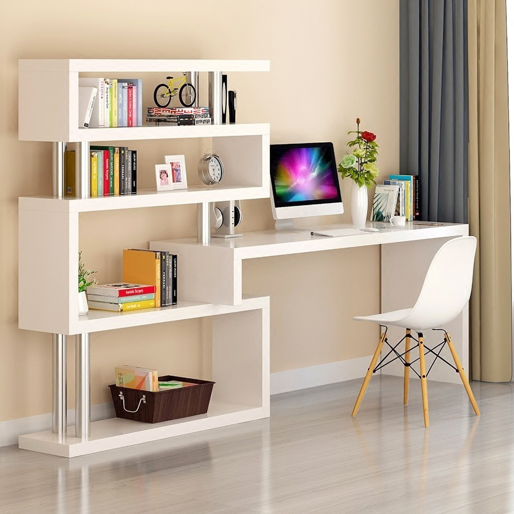 Modern White L-Shaped Desk Writing Desk with Storage Shelves