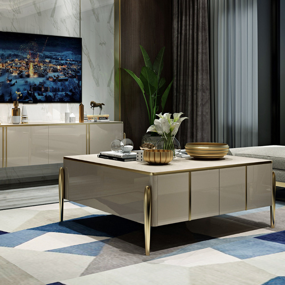 

Champagne Square Coffee Table with 4-Drawer Accent Table Tempered Glass Top