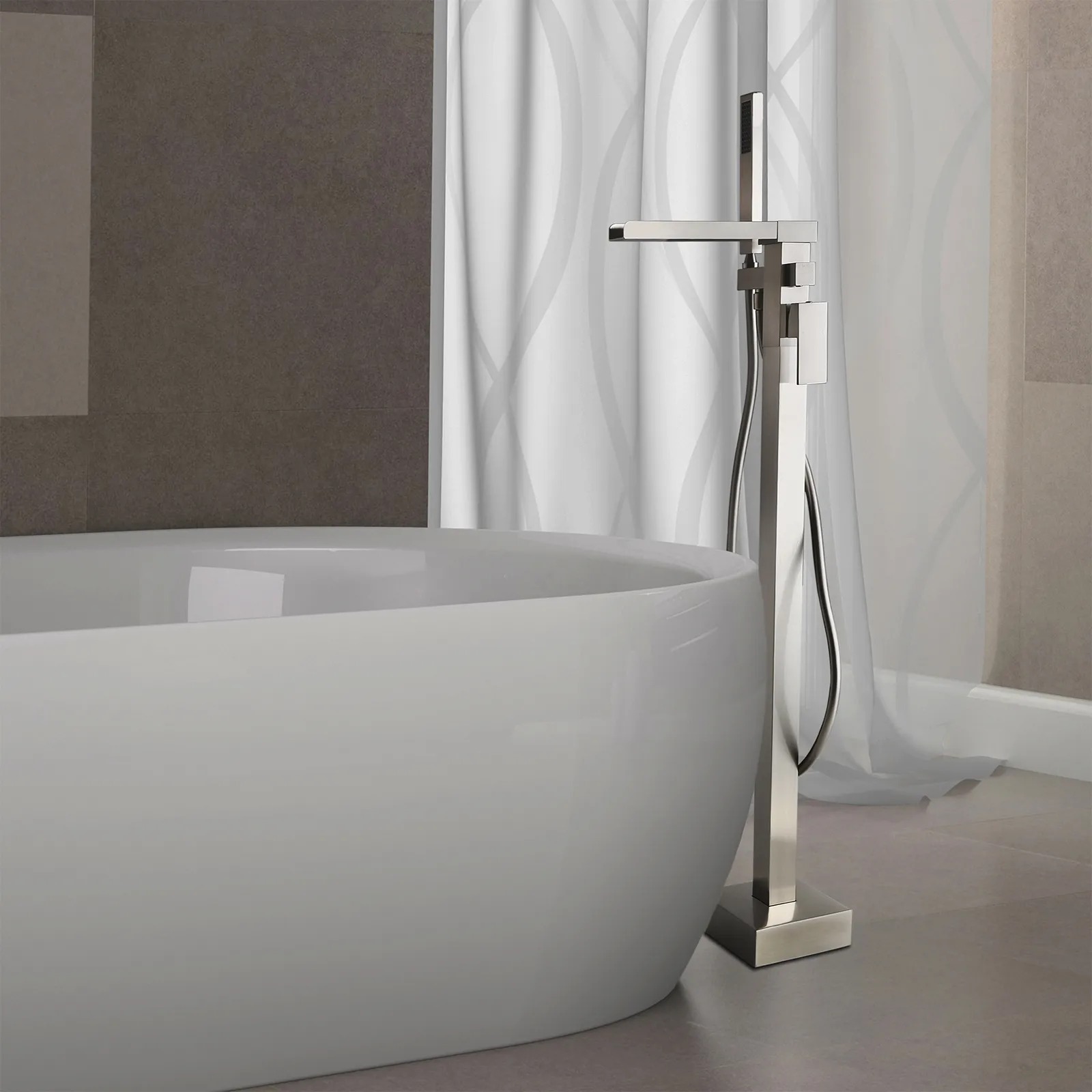 Modern Waterfall Bathroom Tub Faucet with Handheld Spray Solid Brass Brushed Nickel
