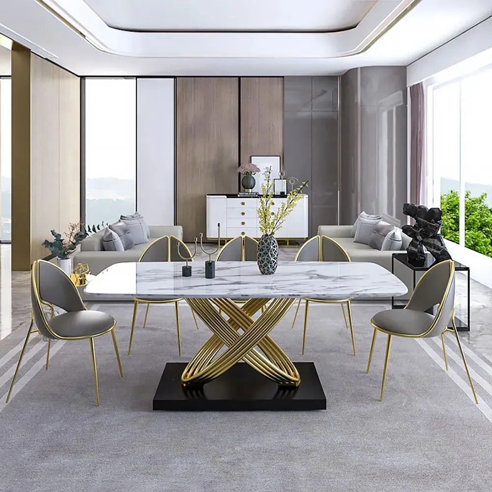 Table de salle à manger en fausse marbre blanc Table rectangulaire moderne minimaliste