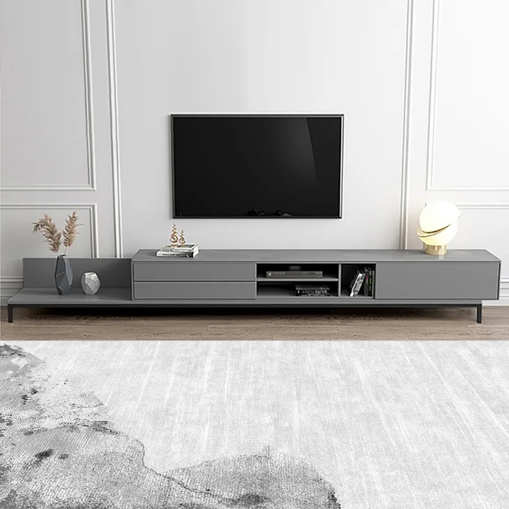 

Minimalist Gray TV Stand Stone Top Retracted & Extendable Media Console with Drawers & Shelf