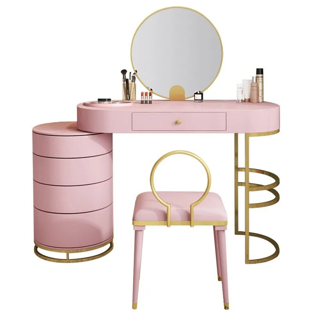 Pink Girls Makeup Vanity Set with Side Cabinet 4 Drawers Dressing Table Mirror & Chair