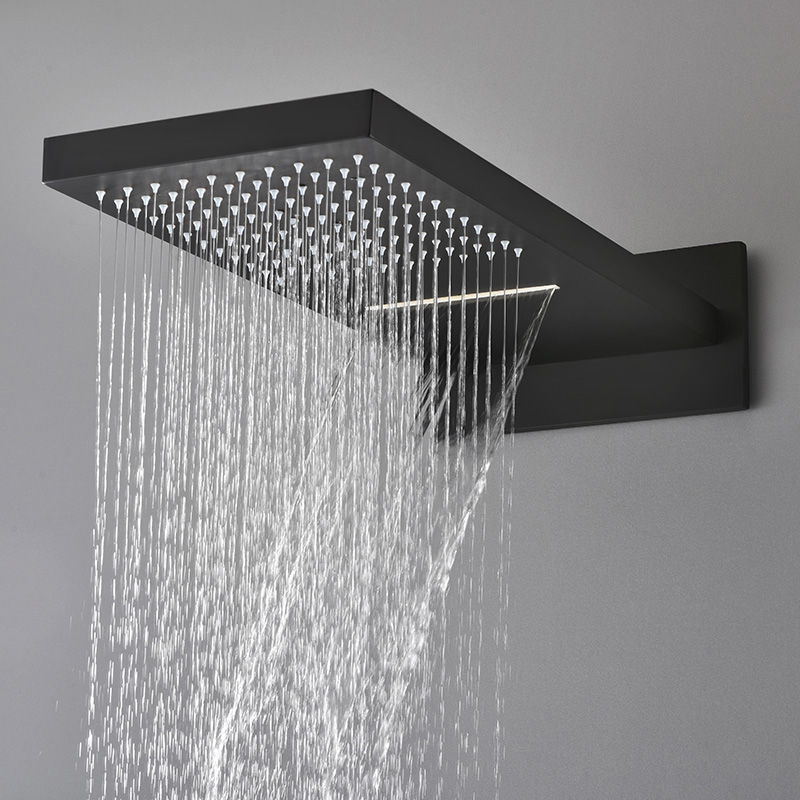 Modern Luxury Thermostatic Wall Mounted Waterfall Rain Shower System Solid Brass Matte Black Shower Set with Handheld Shower