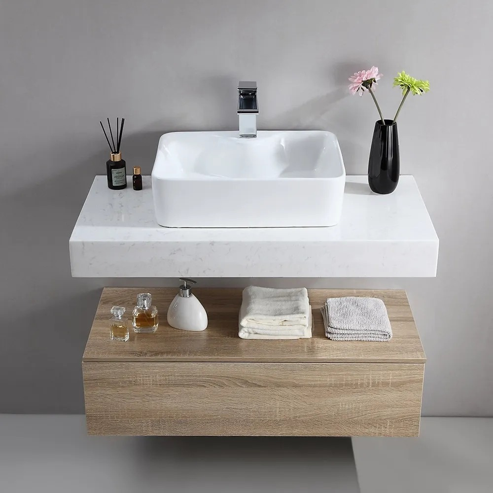 Ensemble de vanité de salle de bain flottant moderne de 900 mm avec lavabo simple blanc et naturel