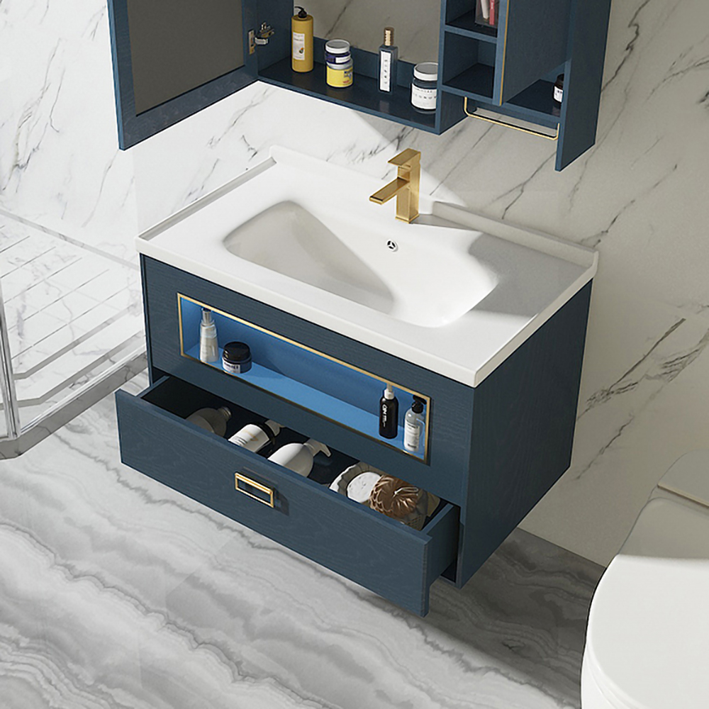 Vanité de salle de bain flottante bleue 900 mm lavabo encastré en céramique avec armoire et tiroir