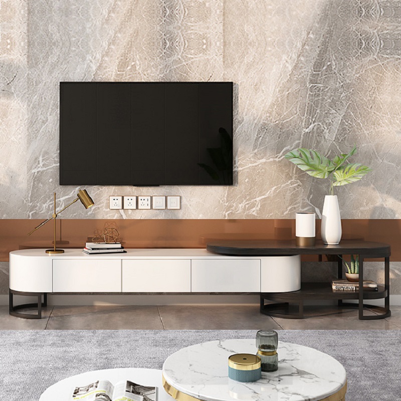 Modern Extending TV Stand with Storage Oval White & Black Media Console