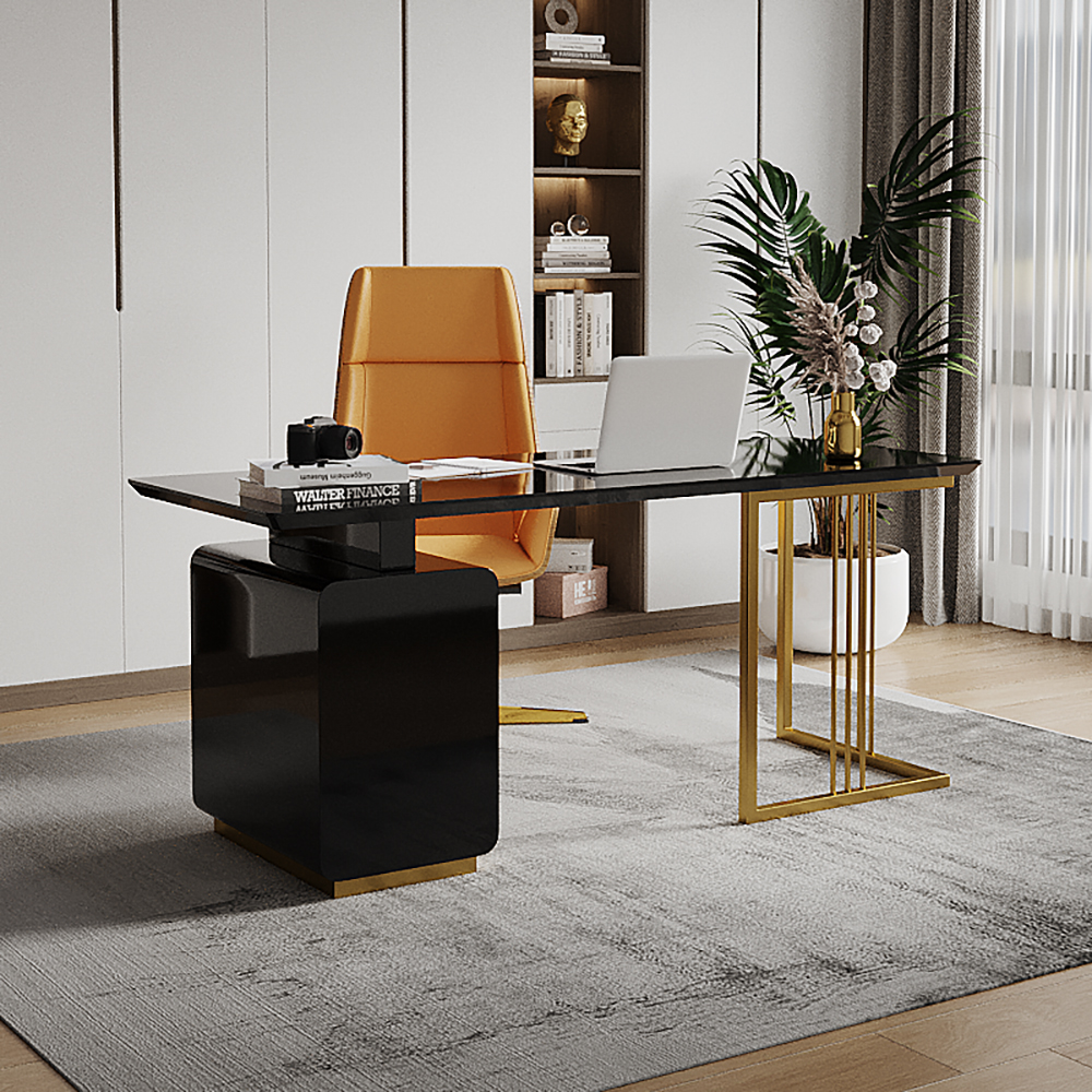 55" Modern Black Office Desk with Side Cabinet & Drawer in Gold Base