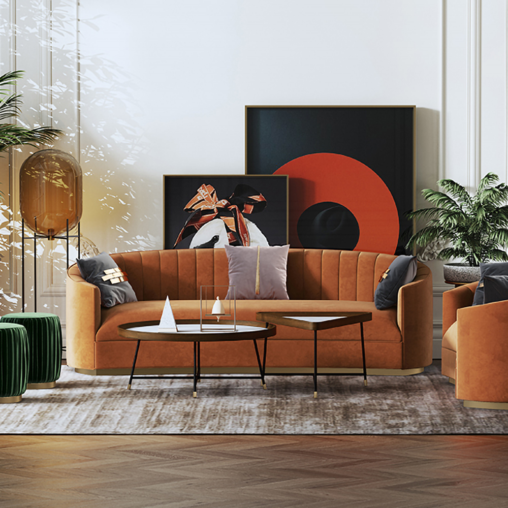 1800mm Modern Velvet Couch Curved Sofa in Orange with Stainless Steel Base