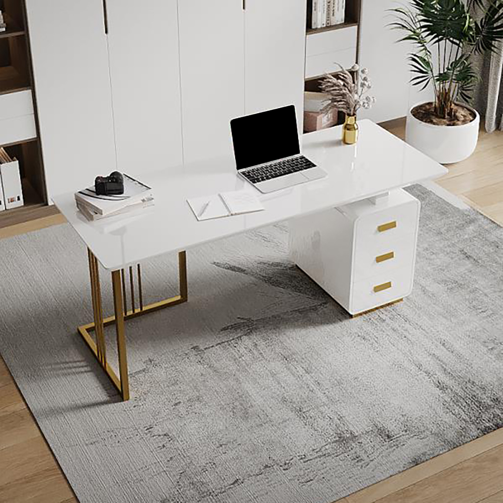 63" Modern White Office Desk with Side Cabinet & Drawer in Gold Base