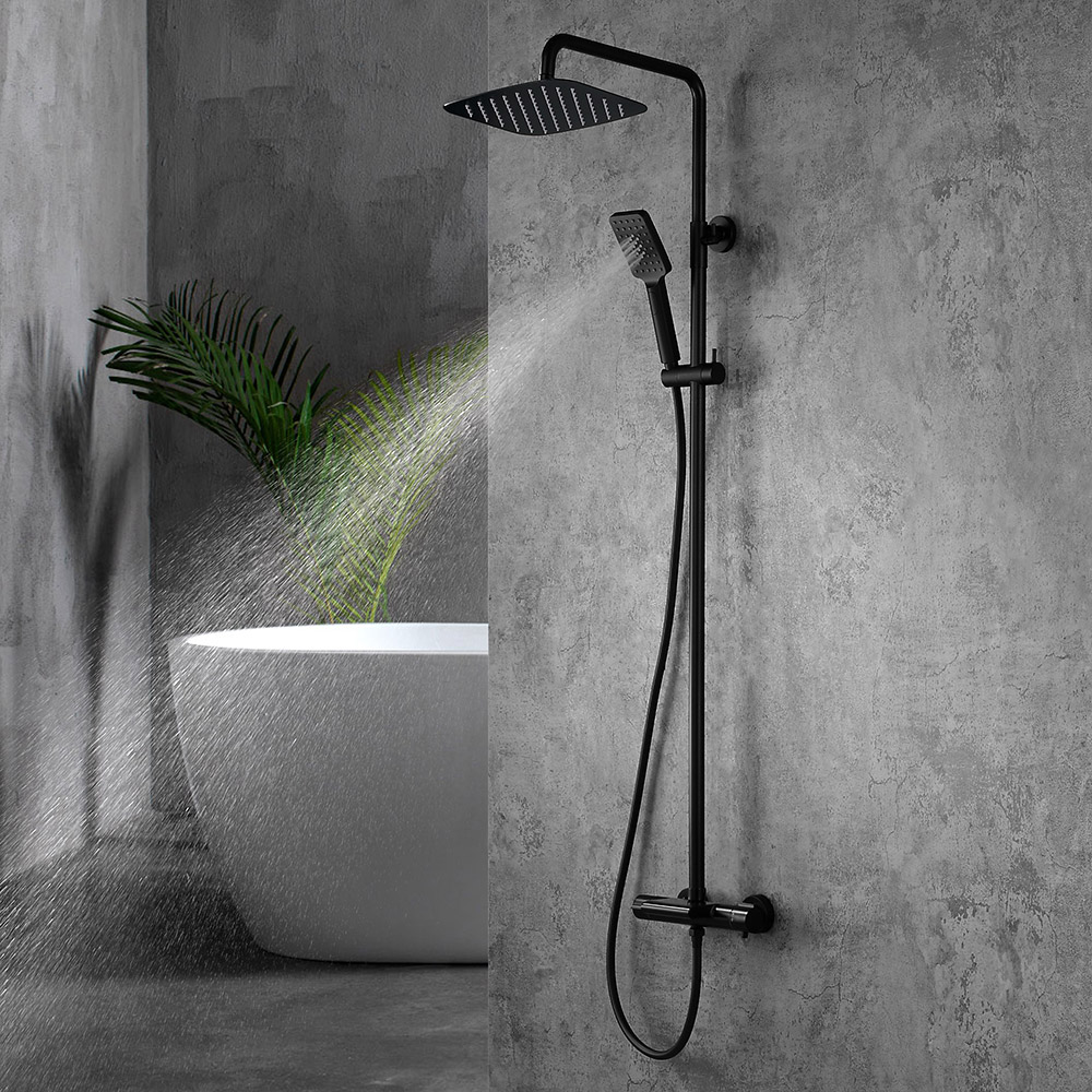 Modern Exposed Rainfall Thermostatic Shower Mixer with Hand Shower in Matte Black