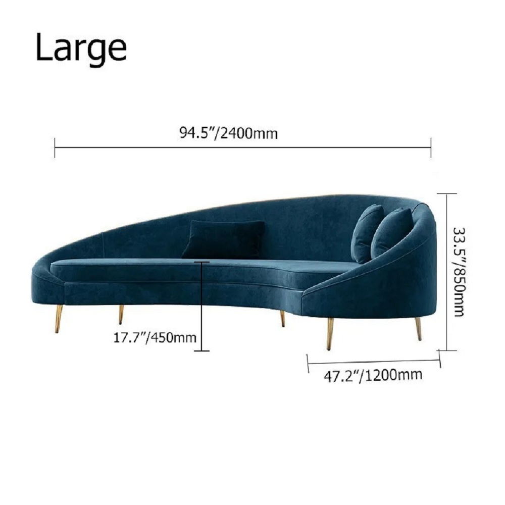 Modern 2400mm Blue Velvet Curved Sofa Gold Metal Legs with Toss Pillows
