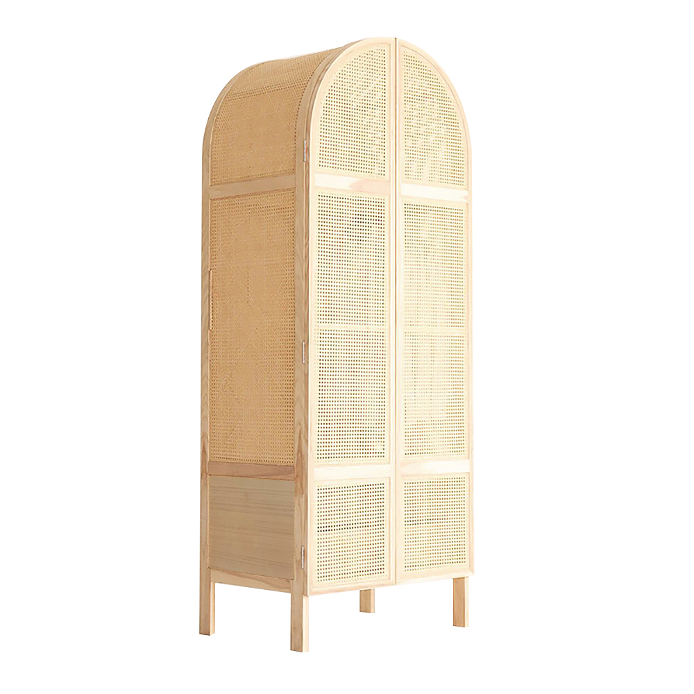 Cottage 2-Door Cane Closet with Hidden Drawers Natural Woven Rattan Cabinet Ash